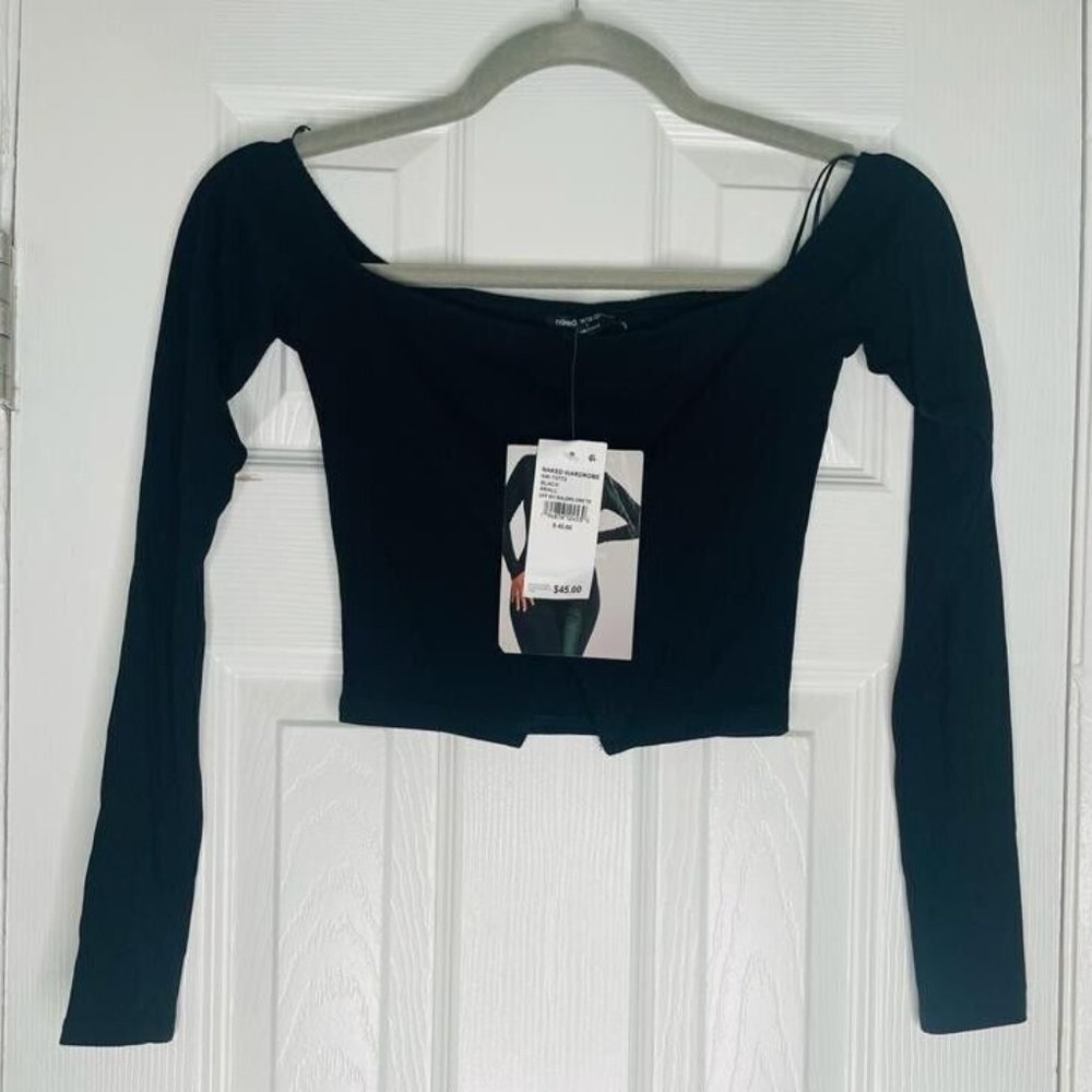 naked wardrobe Black Long Sleeve Off-Shoulder Crop Top